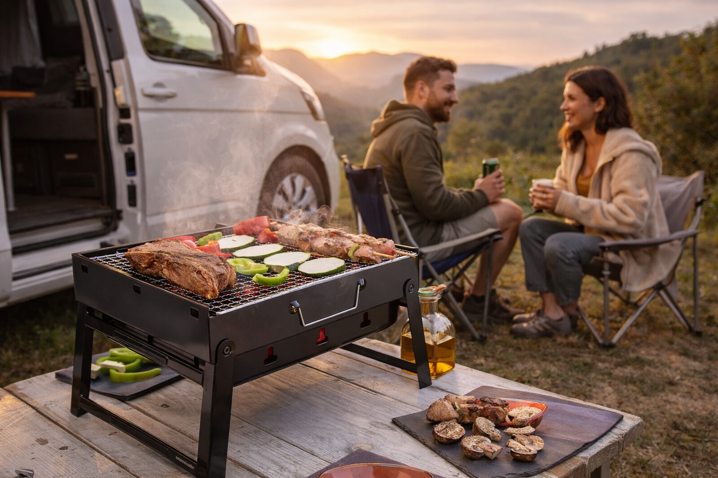 Barbacoa portátil plegable cocinando carne y verduras junto a una camper en plena naturaleza