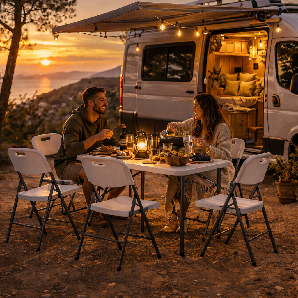 Conjunto de sillas plegables y mesa de camping junto a una camper al atardecer con pareja cenando