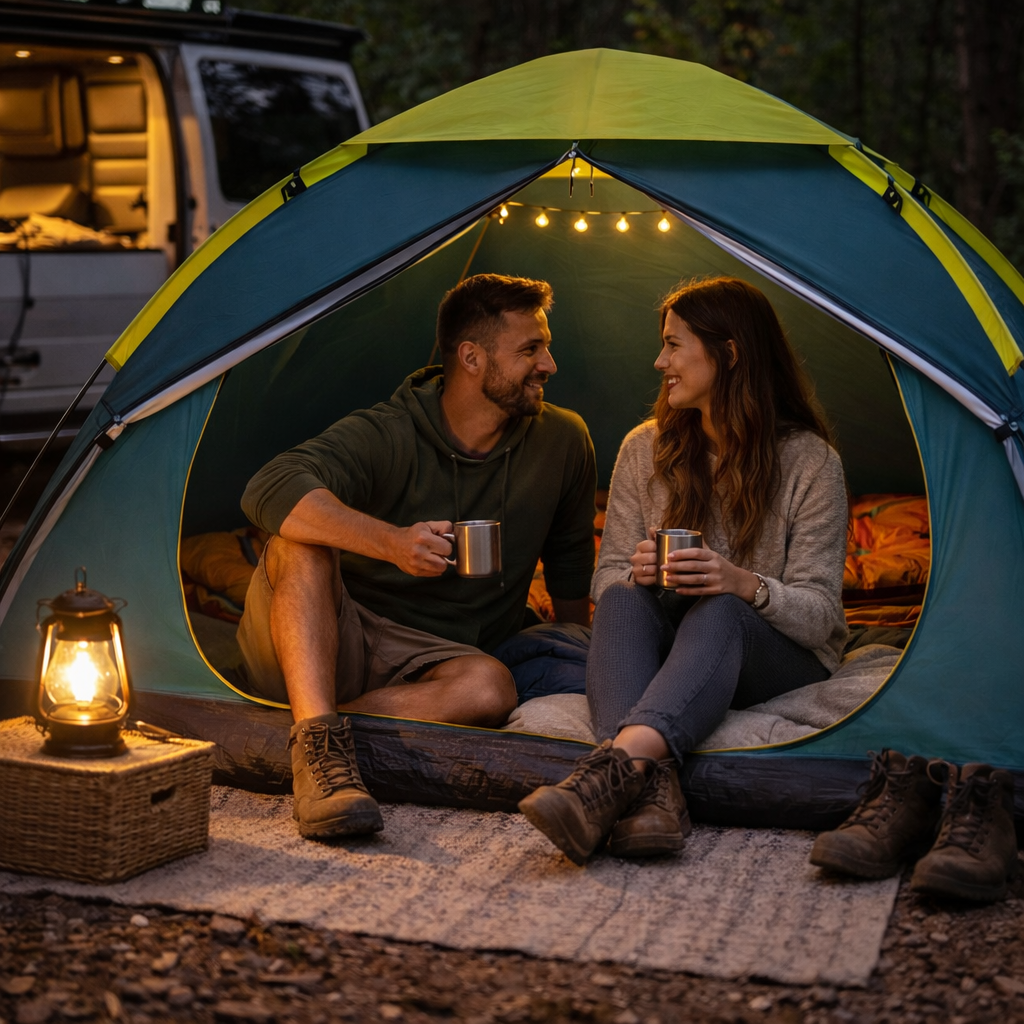 Pareja disfrutando dentro de una tienda de campaña iluminada con luz cálida durante una noche de camping