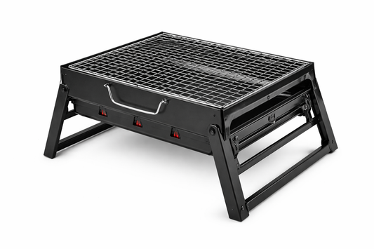 Barbacoa portátil plegable de acero con patas desmontables y parrilla metálica