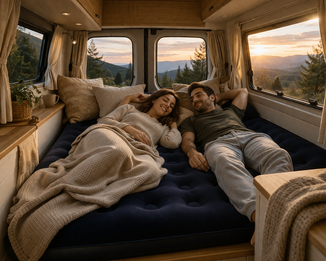 Pareja descansando sobre colchón hinchable dentro de furgoneta camper al atardecer