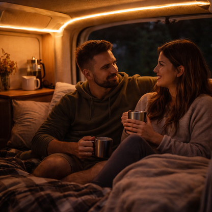 Pareja dentro de una camper iluminada con tira LED creando un ambiente cálido y acogedor