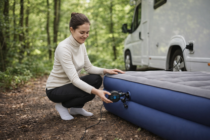 Inflador eléctrico portátil inflando colchón en autocaravana en entorno de camping