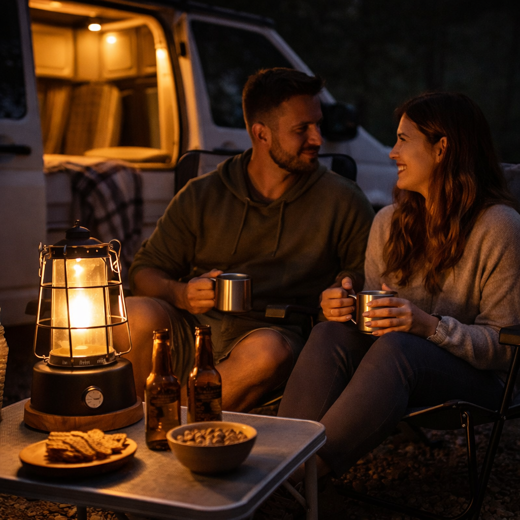 Lámpara de camping con luz cálida iluminando una pareja en una camper por la noche