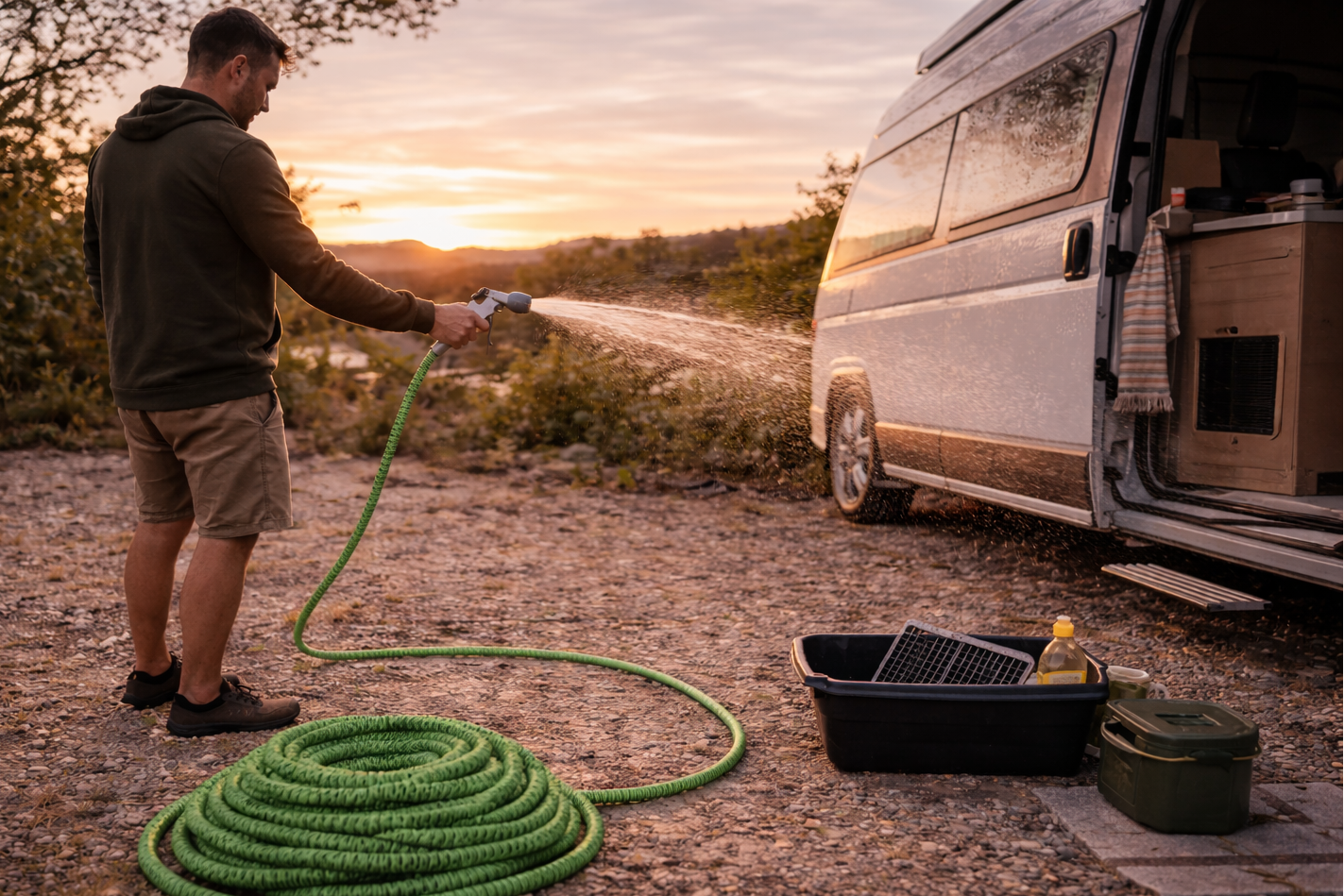 Manguera extensible portátil lavando camper en exterior durante viaje en furgoneta