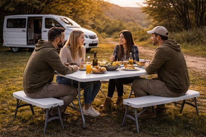 Mesa plegable de camping con bancos integrada usada por cuatro personas junto a una furgoneta camper en la naturaleza