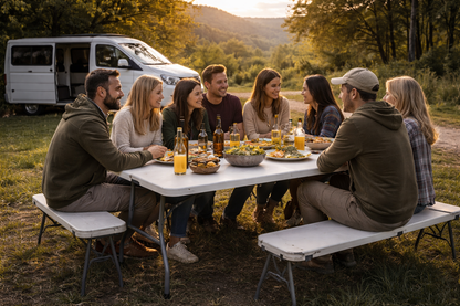 Mesa plegable de camping con grupo de personas comiendo al aire libre junto a furgoneta camper
