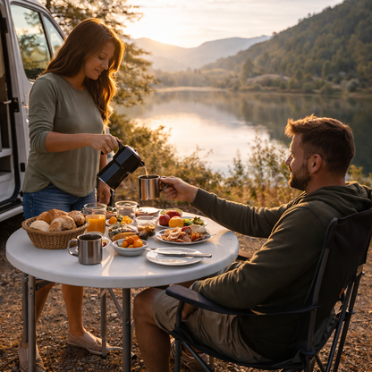 Pareja desayunando en mesa redonda plegable junto a furgoneta camper en la naturaleza