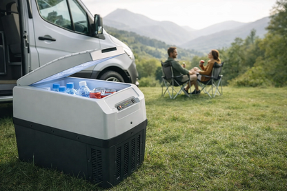 Nevera portátil para camper con bebidas frías en exterior junto a furgoneta y pareja disfrutando