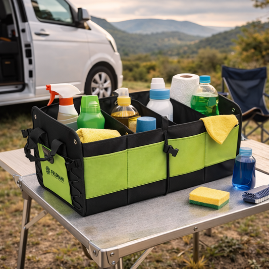 Organizador de camping con productos de limpieza sobre mesa junto a furgoneta camper