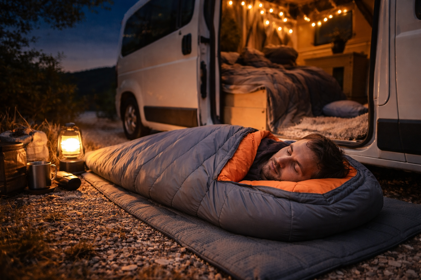 Persona durmiendo en saco de dormir junto a furgoneta camper en una noche de acampada