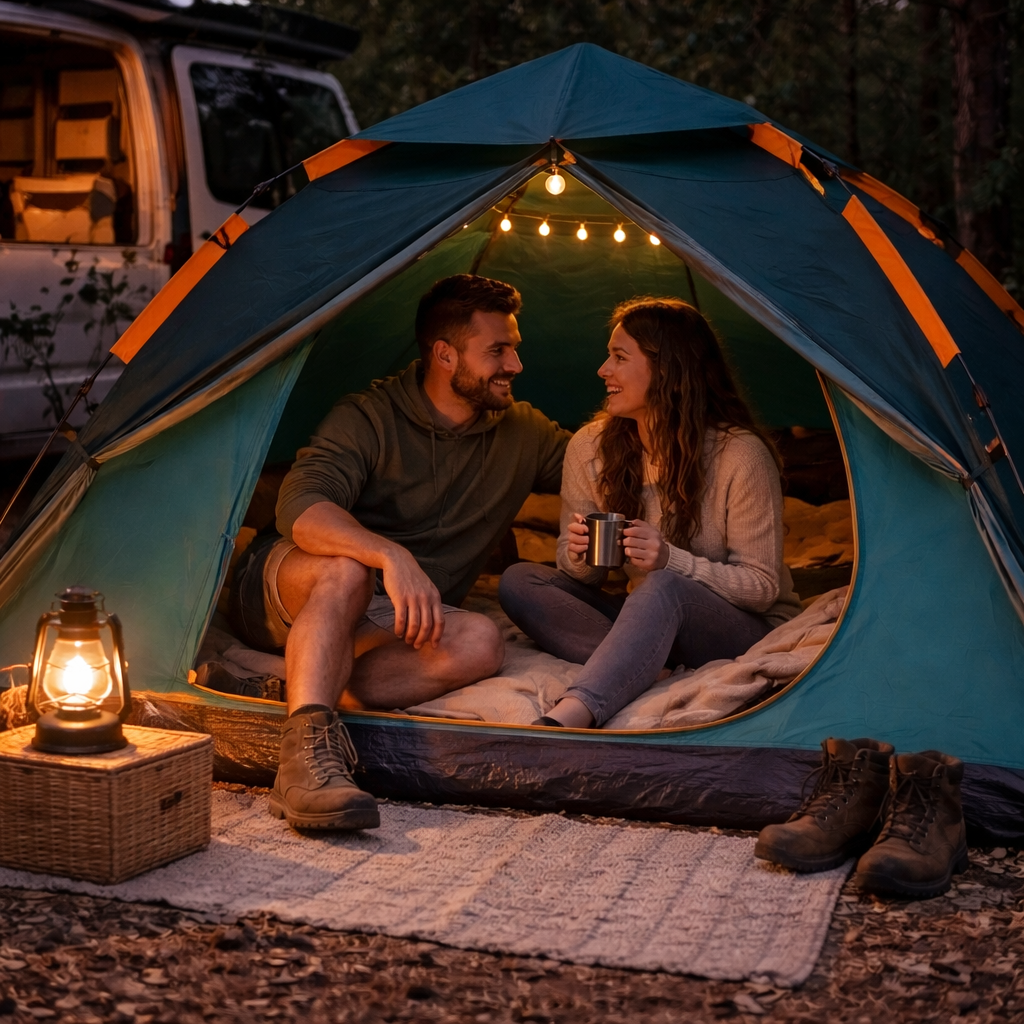 Pareja dentro de tienda de campaña iluminada con luz cálida disfrutando de una noche de camping