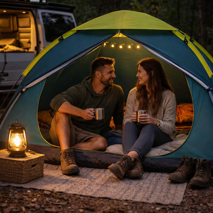 Pareja disfrutando dentro de una tienda de campaña iluminada con luz cálida durante una noche de camping